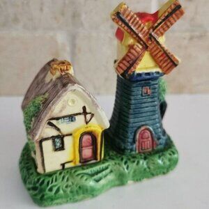 Vintage Windmill House Salt & Pepper Set, Japan Ceramic with Base 3 Pieces